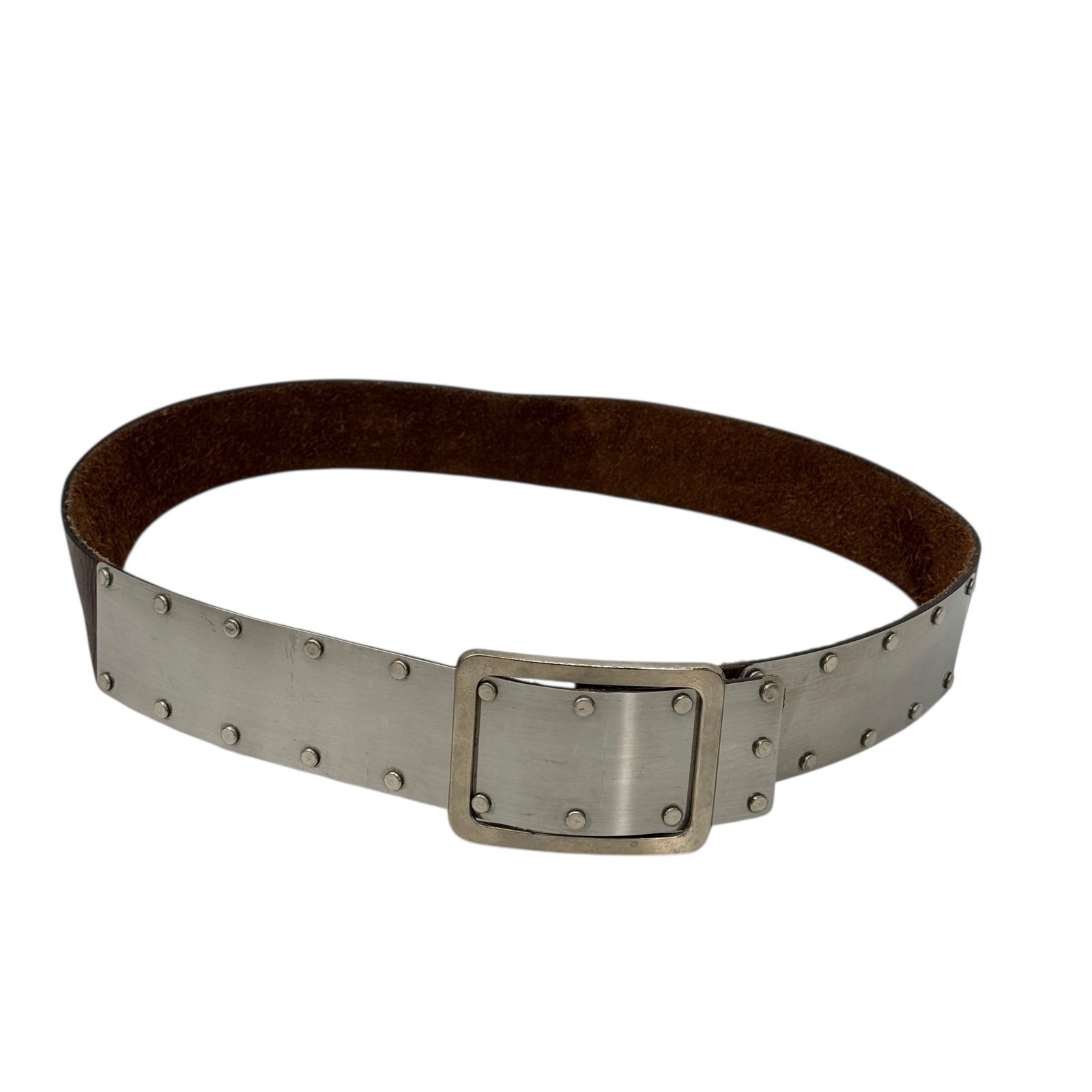 Rivet Metal Leather Belt Womens Sz 36 Brown Buckle Grunge Punk Rocker Cosplay